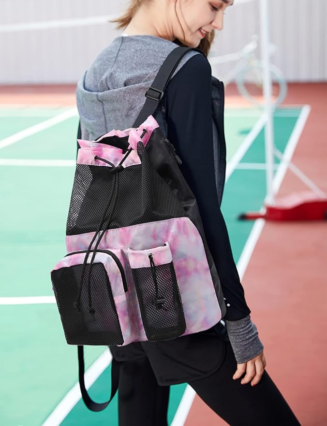 Lohol Large Mesh Drawstring Backpack with Shoe Bag, Durable Swimming String Sack with Handle for Sports Gym Yoga Beach Travel