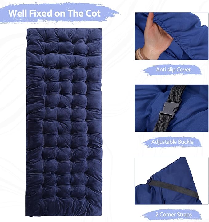RedSwing XL Cot Mattress Pad, Cot Pads for Camping, 1.5''/3.2'' Thick Cotton Camping Cot Mattress Pads, Soft and Comfortable, Blue/Grey