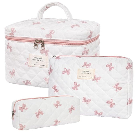 Makeup Bag,Quilted Cosmetic Bag,Large Floral Make Up Bag for Women,Cotton Makeup Bag Set,Flower Travel Toiletry Bag