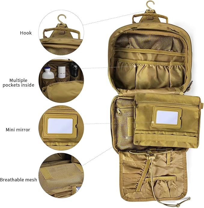 SUNRISING Tactical Toiletry Bag for Men - Hanging Travel Dopp Kit, Shaving Hygiene Organizer, Durable Bathroom Essentials for Short Trips & Camping Khaki（No molle）