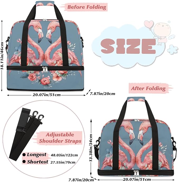 cfpolar Woman Travel Duffel Bag Heart Flamingo Flower Foldable Tote Carry On Luggage Sports Gym Bag With Shoe Compartment Overnight Weekend Yoga Workout Bag Training Handbag