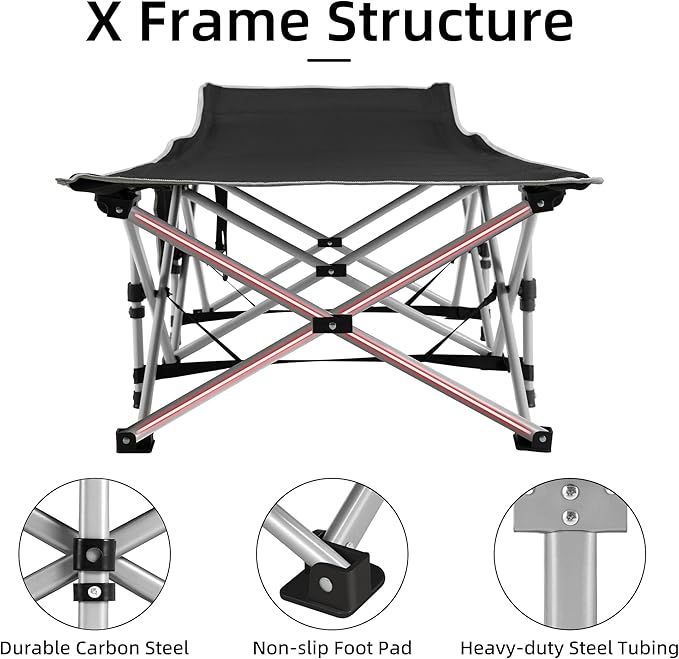 Portable Camping Cot, Sleeping Cots for Adults, 28" Extra Wide Folding Cot Max Load 600LBS with Thick Mattress, Portable Camping Bed for Outdoor Camp/Office, Home Nap (Black+Grey)