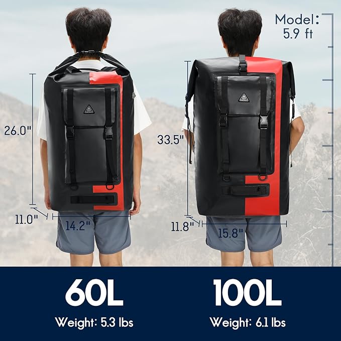 Haimont 100% Waterproof Roll-Top Backpack Heavy Duty Large Capacity IPX7 Dry Bag for Kayaking Rafting SUP Camping, 60/100L