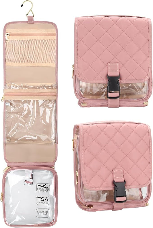 Relavel Travel Toiletry Bag for women with Detachable TSA Approved Toiletry Bag, Compact Hanging toiletry bag with Small Carry On 3-1-1 Clear Waterproof Travel Bags for Toiletries (Pink, A Small)