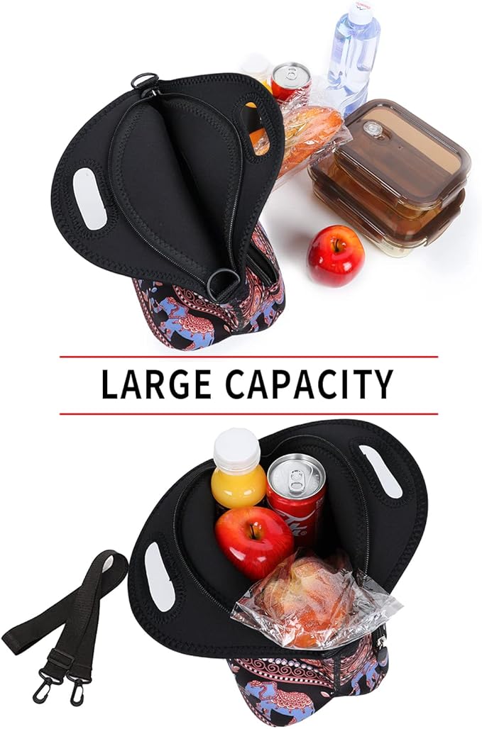 Violet Mist Neoprene Lunch Bag with Pocket Shoulder Strap for Women Men - Elephant Food Handbag Tote