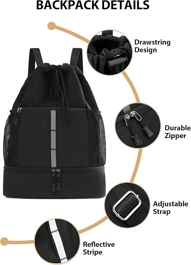 U.helper Waterproof Gym Drawstring Backpack, Sports Sack with Shoes Compartment & Wet Pockets for Ball/Beach/Swim Training (Black)