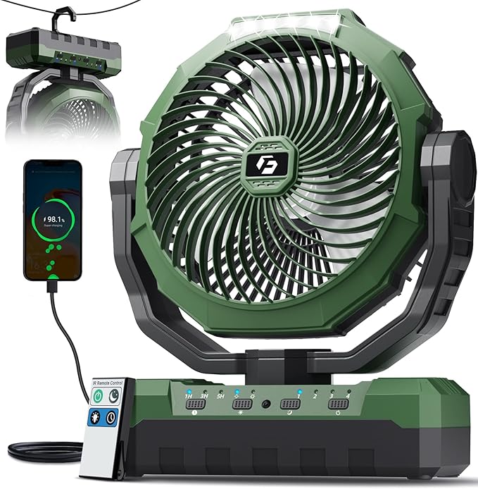FRIZCOL 3-in-1 Camping Fan - Portable Fans Rechargeable - 12000mAh Battery Powered Fan(70Hrs) with Light & Remote for Indoor, Outdoor, Tent, Travel, BBQ, Fishing, Jobsite - Green