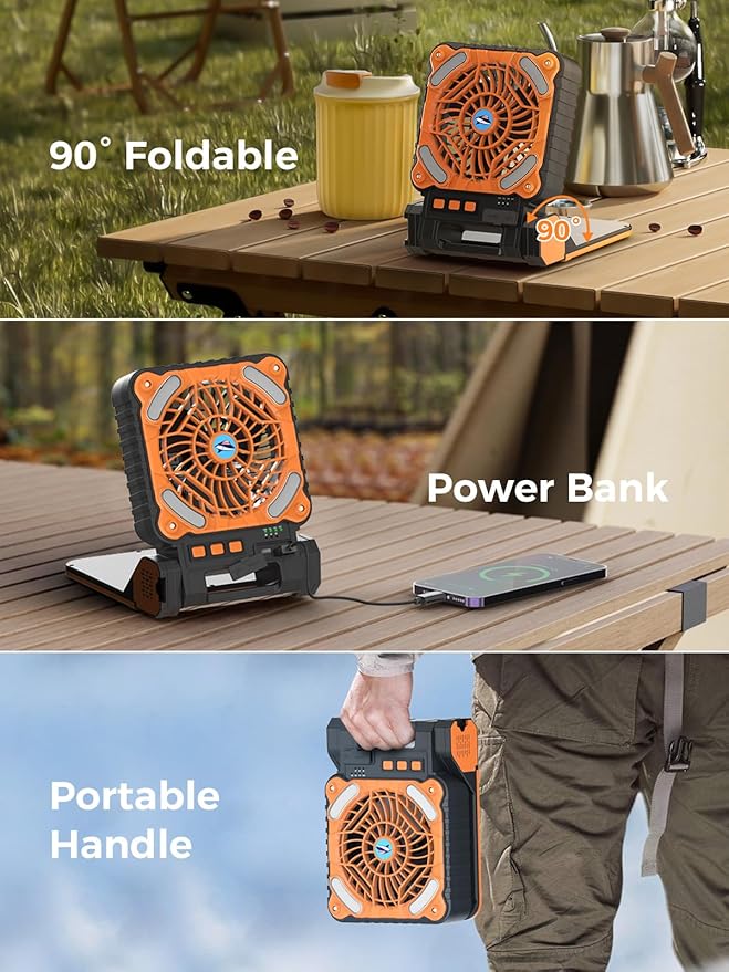 Smiling Shark Camping Fan With LED Lantern, 4 Speeds Powerful Wind Portable 6000 mAh Solar Rechargeable 90° Foldable Camp Fan With Power Bank & 3 Timer Cordless Tent Fan For Camping Fishing Hiking