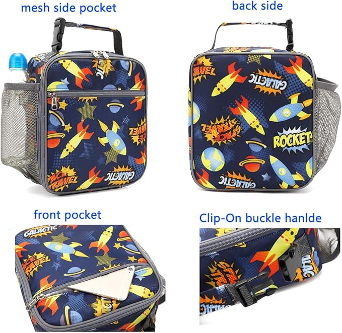 FlowFly Kids Lunch box Insulated Soft Bag Mini Cooler Back to School Thermal Meal Tote Kit for Girls, Boys, Rocket