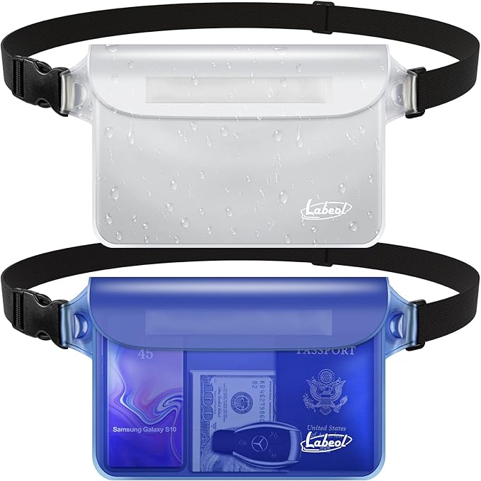Labeol Waterproof Fanny Pack, 2 PCS Waterproof Pouch with Waist Strap, Fanny Pack to Keep Phone and Valuables Dry for Swimming Kayaking Boating Snorkeling