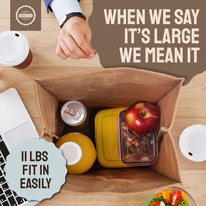 Waxed Canvas Lunch Bag – Reusable Insulated Paper Bag-Style Lunchbox for Adults – Leakproof & Durable Sack Lunch Box for Work, Picnic & Travel – Stylish Brown Bag Cooler with Shoulder Strap