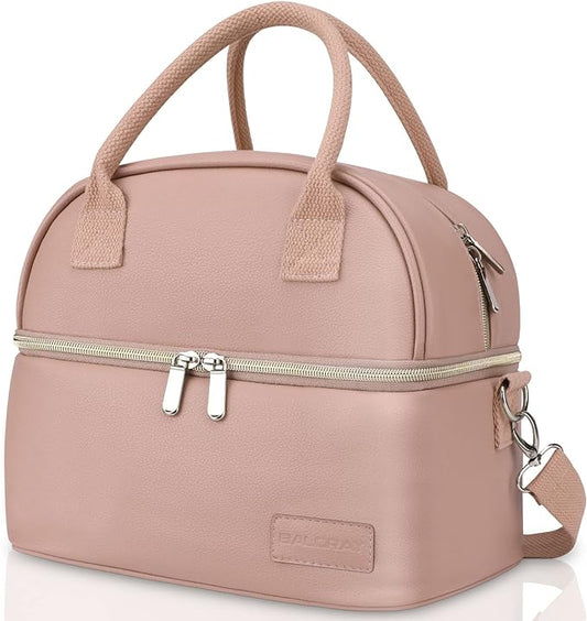 BALORAY Lunch Bag for Women Men, Double Deck Lunch Box for Adults, PU Leather Lunch Tote Bag Insulated Lunch Bags with Strap for Work Office Picnic