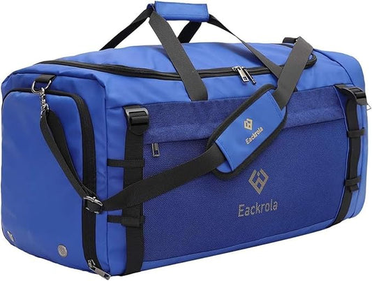 Eackrola Extra Large Sports Gym Bag, Travel Duffel bag with Wet Pocket & Shoes Compartment for men women, 85L, Lightweight （Blue）