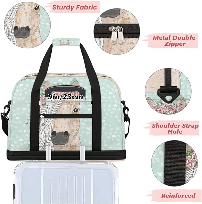 Flower Horse Foldable Travel Duffel Bag, Expandable Sports Gym Bag with Shoes Compartment Weekender Overnight Totes Bags for Women Men