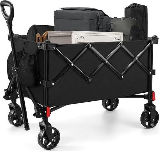 Camping Wagons Carts Foldable, Leonyo 220lbs Beach Collapsible Wagon with Wheels, Heavy Duty Grocery Cart on Wheels for Pet, Shopping, Groceries, Garden, Outdoor Activities, Black