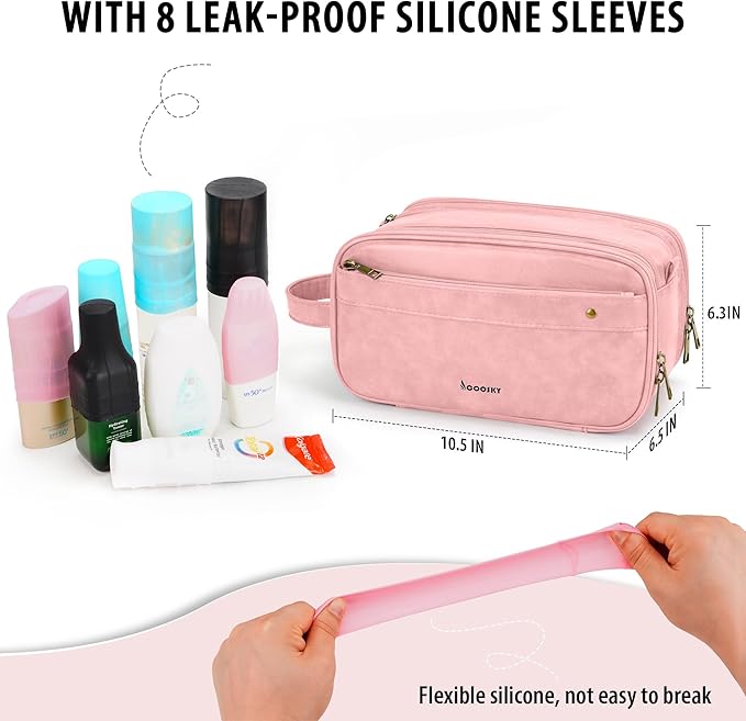 Travel Toiletry Bag for Women, Large Hanging Toiletries Organizer Bags for Man, Cruise Ship Essentials, Water-resistant Shaving Case, PU Leather Makeup Accessories, Cosmetic Dopp Kit, Pink