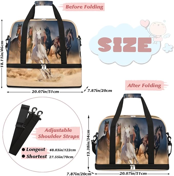 Running Horse Foldable Travel Duffel Bag, Expandable Sports Gym Bag with Shoes Compartment Weekender Overnight Totes Bags for Women Men