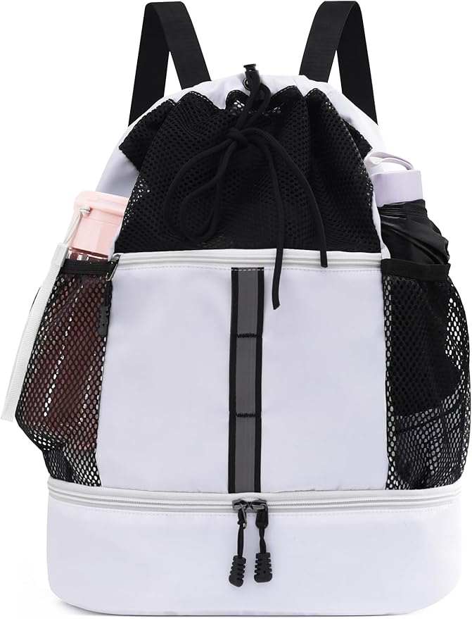 U.helper Waterproof Gym Drawstring Backpack, Sports Sack with Shoes Compartment & Wet Pockets for Ball/Beach/Swim Training (White)