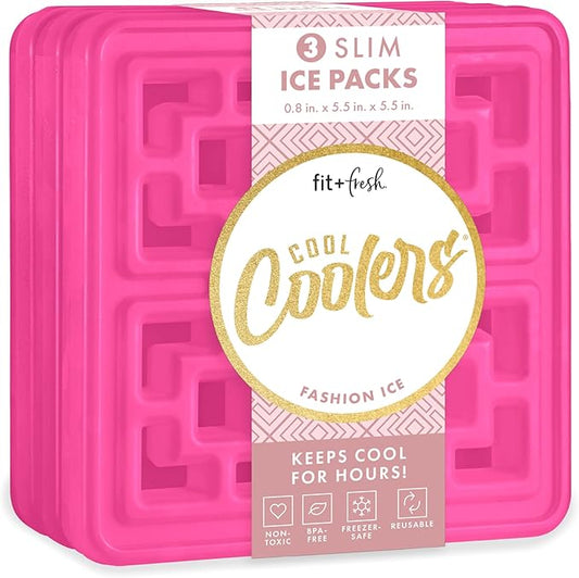 Cool Coolers Large Fashion Ice by Fit + Fresh, 3pk Ice Blocks for Lunchboxes, Freezer Packs for Coolers, Hot Pink