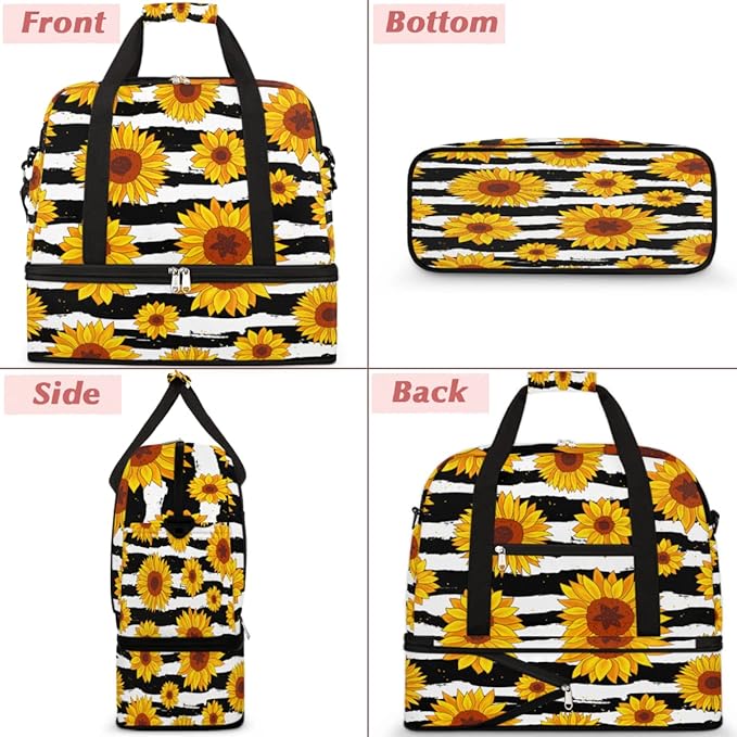 Sunflower Flower Stripe Foldable Travel Duffel Bag Sports Tote Gym Bag With Shoe Compartment For Woman Man Carry On Luggage Overnight Travel Weekend Yoga Workout Bag Training Handbag