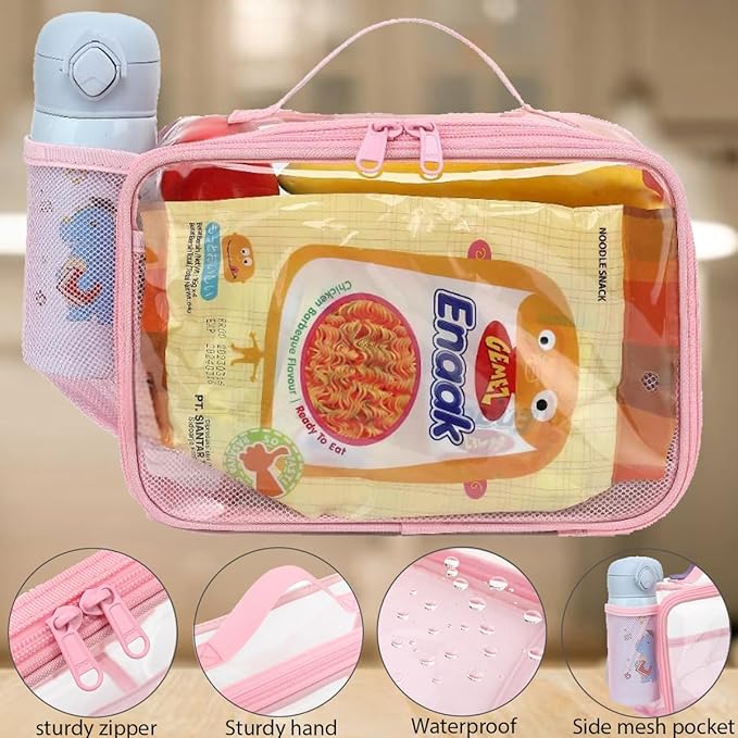 Insulated Lunch Box for School, Thermal Reusable Durable Freezable Lunch Bags for Kids Boys Girls Men Women - Small Soft Cooler Portable Lunch Tote Kit for Work Picnic Travel,Clear Pink
