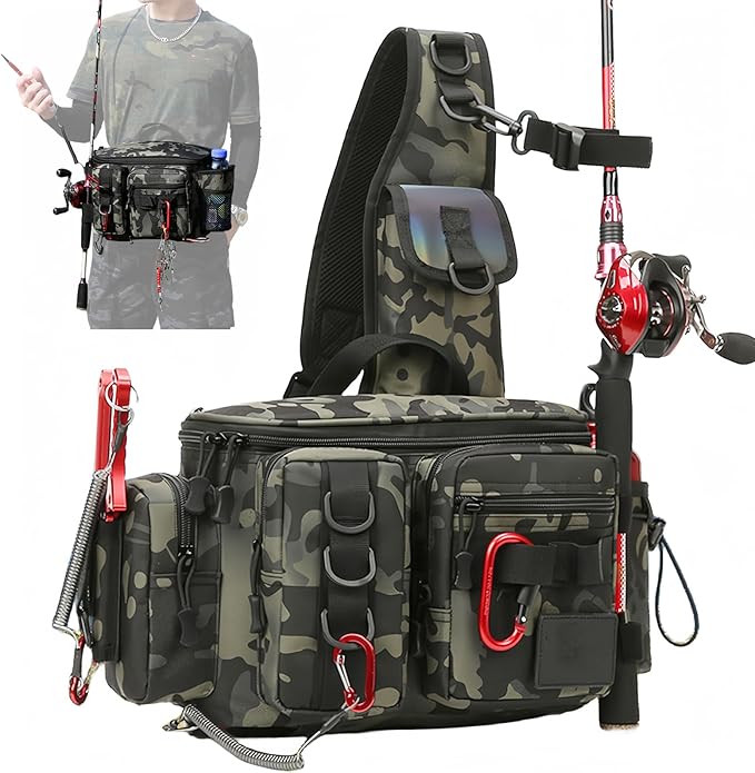 Fishing Tackle Backpack Fishing Fanny Pack Crossbody Bag Fishing Tackle Box Organizer with Rod & Gear Holder, Ideal for Fishing, Camping, Hiking and More!-YIANTU