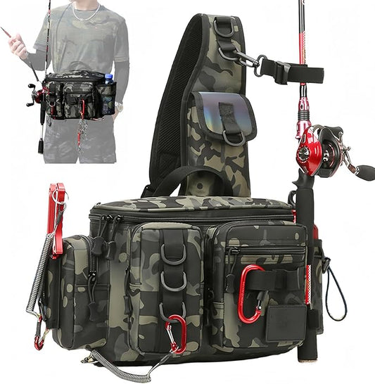 Fishing Tackle Backpack Fishing Fanny Pack Crossbody Bag Fishing Tackle Box Organizer with Rod & Gear Holder, Ideal for Fishing, Camping, Hiking and More!-YIANTU