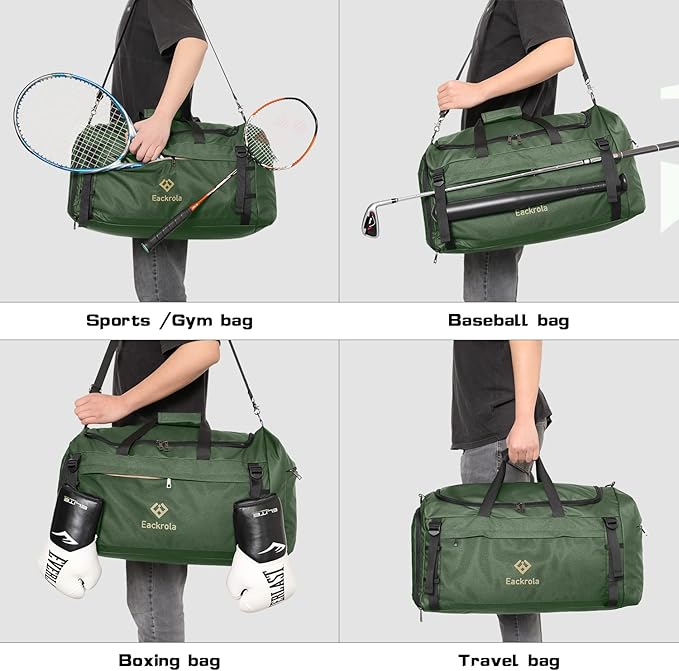 Eackrola Large Sports Gym Bag, Travel Duffel bag with Wet Pocket & Shoes Compartment for men women, 65L, Lightweight