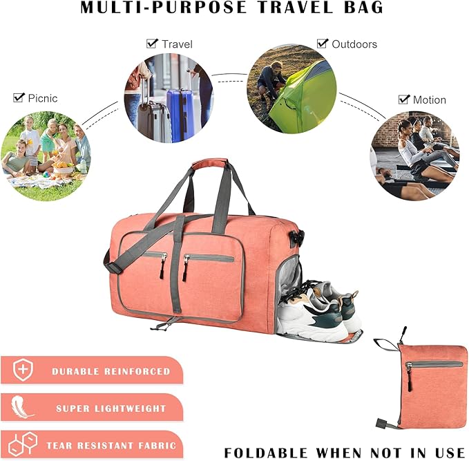 Dimayar 85L Travel Duffle Bag for Men Women - Foldable Duffel Bag with Shoes Compartment - Overnight Bags Waterproof & Tear Resistant(Orange)