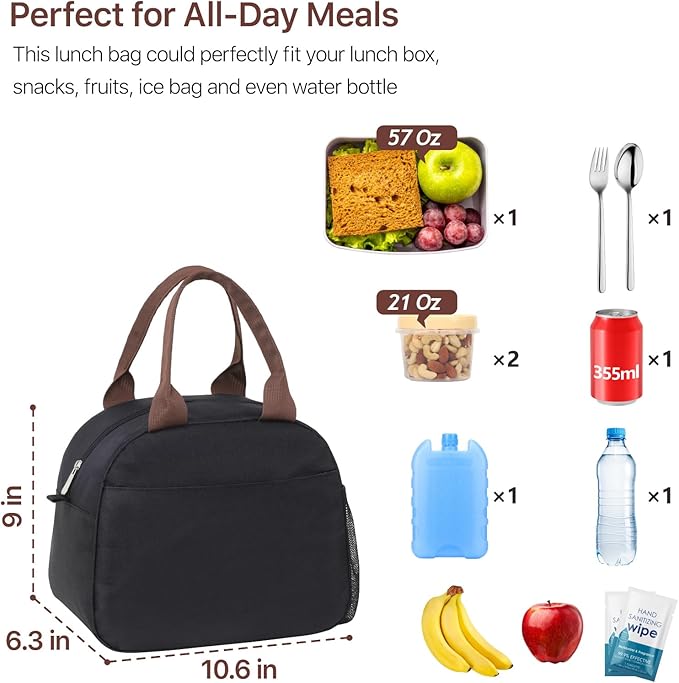Bagseri Insulated Lunch Bag Women - Lunchboxes for Men Women Adult Reusable Leakproof Thermal Cooler Sack Food Handbags Case High Capacity for Work and Picnic (Black)