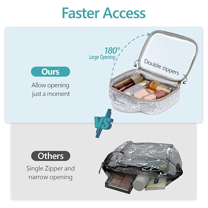 PACKISM TSA Approved Toiletry Bag - Ruched Textured Clear Makeup Bag, Metallic Silver, with 180° Large Opening and Supporting Frame, Perfect for Travel Essentials, Thick No Smell