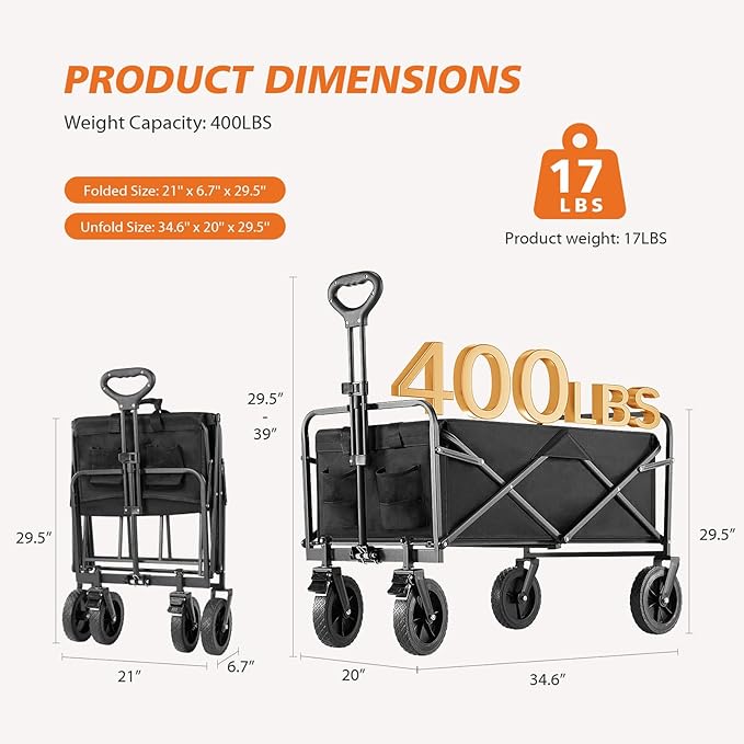 Sweetcrispy Collapsible Foldable Wagon Cart, Large Capacity Garden Cart with Wheels, Heavy Duty Utility Grocery Wagon with Drink Holders for Shopping Sports Camping,Extra Large Black