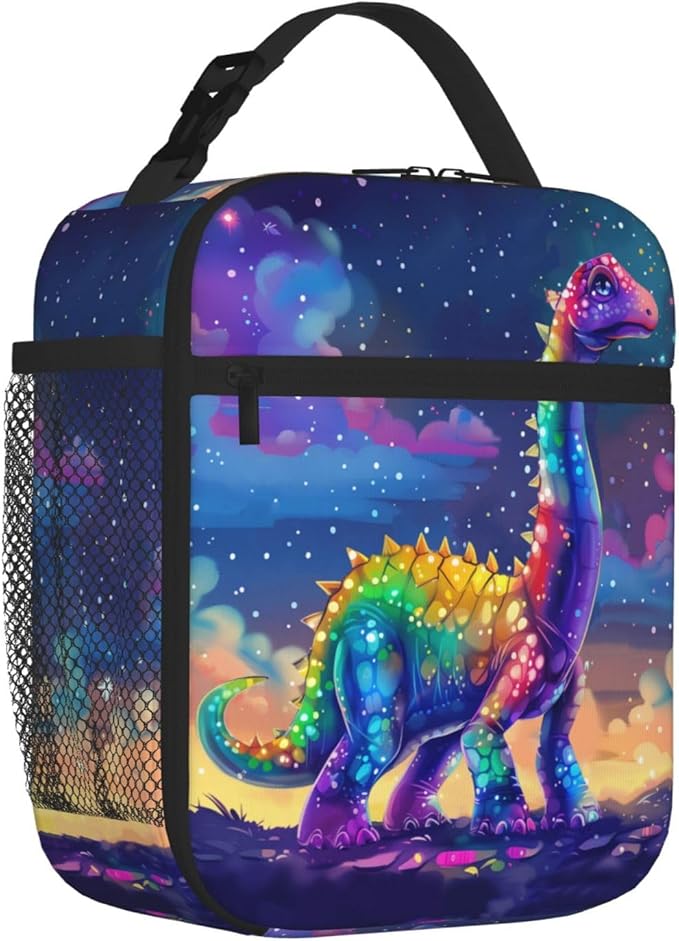 SARA NELL Dinosaur Insulated Lunch Bag Cute Dino Rainbow Tie Dye Body in Magic Sparkle Space Lunch Box for Women Men Teens Kids, Reusable Lunch Tote Bag