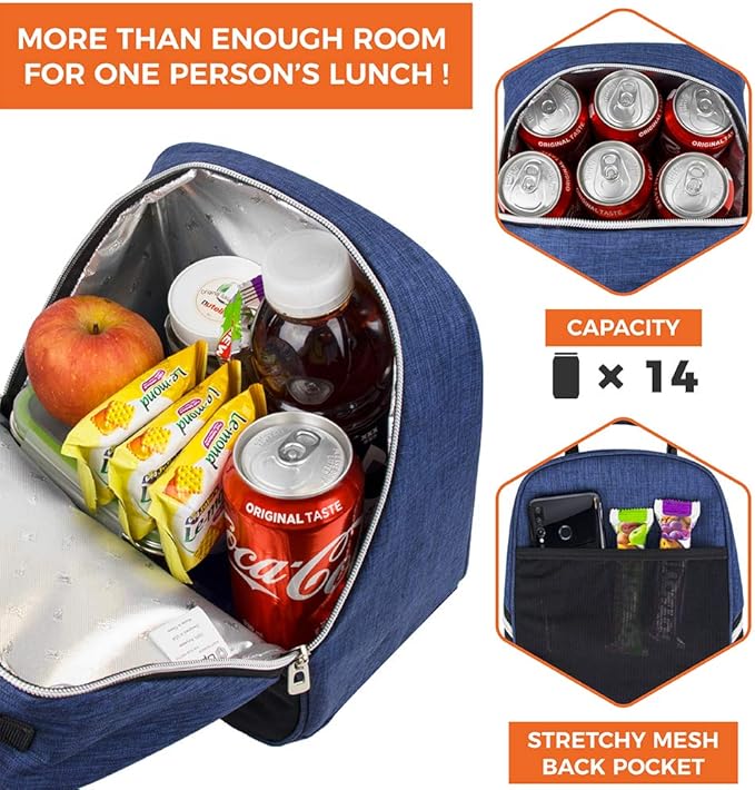 opux Lunch Box for Girls Boys Kids, Insulated Leakproof Lunch Bag, Reusable Teen Lunch Boxes for School, Medium Large lunchbox for Women Men Adult for Work with Front Back Pocket (Navy Blue)