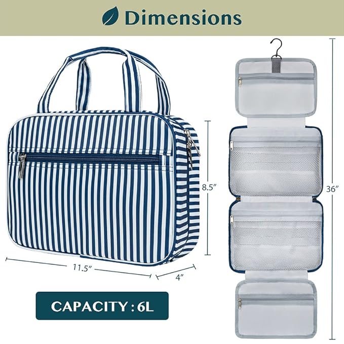 PAVILIA Hanging Toiletry Bag Travel Bag Women Men, Foldable Cosmetic Organizer, Roll up Makeup Bag, Water Resistant Accessories Toiletries, Large Travel Essentials Kit (Navy Stripe)