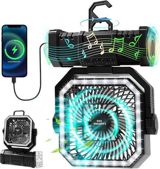 20000mAh Portable Camping Fan, Rechargeable Battery Operated Oscillating Tent Fan W/Bluetooth Speaker, 4 Speeds, LED lights & 360° Rotation Hook for Outdoor RV Travel Essentials, Black