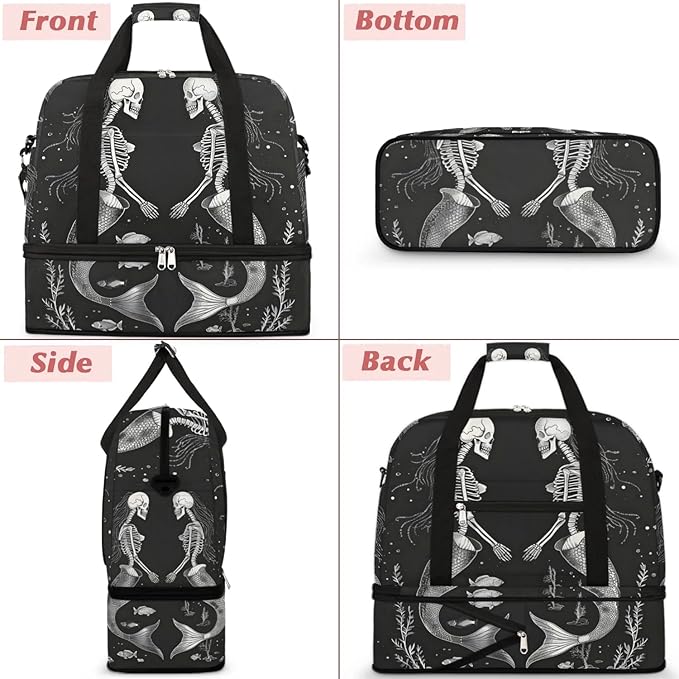 cfpolar Woman Travel Duffel Bag Skull Mermaid Foldable Tote Carry On Luggage Sports Gym Bag With Shoe Compartment Overnight Weekend Yoga Workout Bag Training Handbag