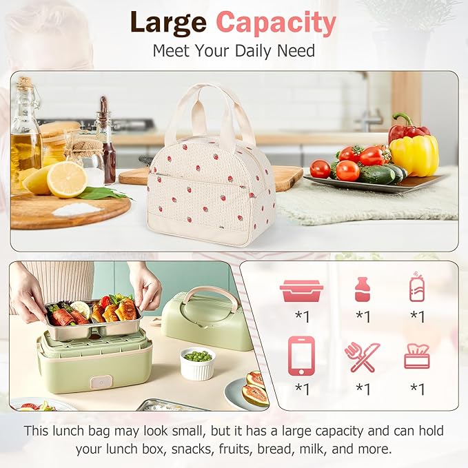 Lunch Box Lunch Bag for Women Men, Leakproof, Insulated Lunch Box Tote with Large Capacity, Lunch Container for Work/Office (Corduroy Strawberry)