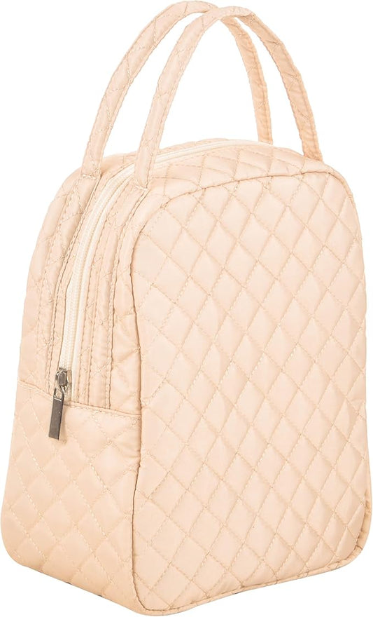 Machine Washable Women Quilted Fabric Insulated Reusable Cooler Lunch Bag Tote Adult Thermal Lunch Box Storage Bag for Ｗork (Beige)