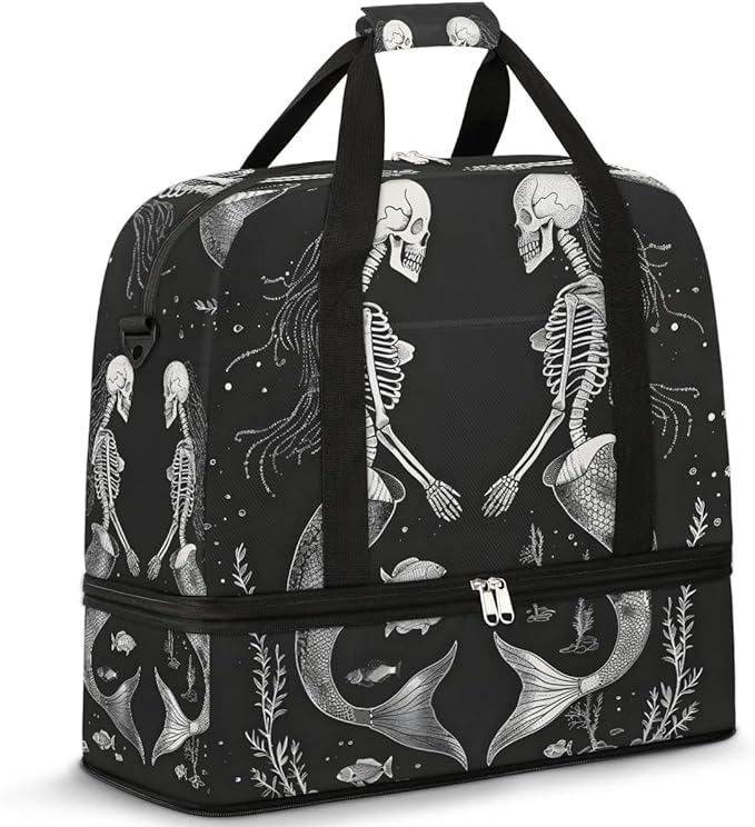 cfpolar Woman Travel Duffel Bag Skull Mermaid Foldable Tote Carry On Luggage Sports Gym Bag With Shoe Compartment Overnight Weekend Yoga Workout Bag Training Handbag