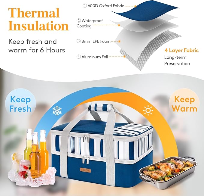 Double Decker Insulated Casserole Carrier for Hot or Cold Food, Lasagna Holder Tote for Potluck Parties/Picnic/Cookouts, Fits 9"x13" Baking Dish, Blue