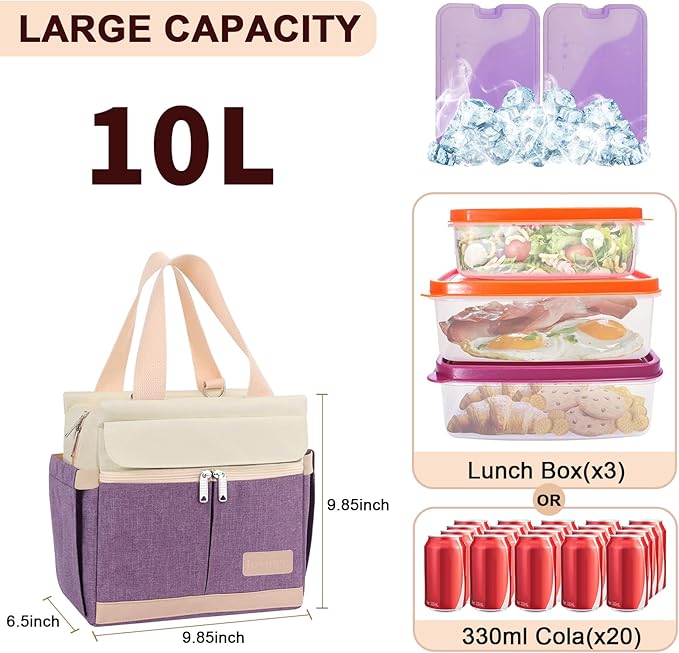 Joymee Lunch Box for Women Insulated Lunch Bag with Shoulder Strap Reusable Leakproof Large Spacious Lunch Cooler Tote for Women Adult with Bottle Holder and Side Pockets for Work Picnic - Purple