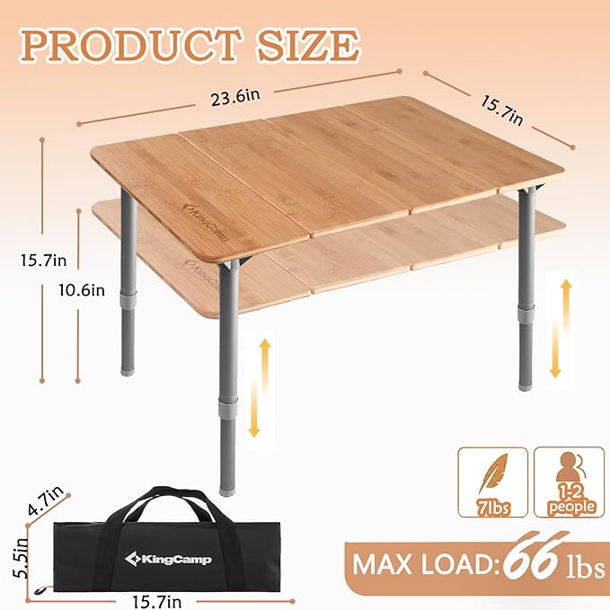 KingCamp Bamboo Folding Table Lightweight Camping Table with Adjustable Height Aluminum Legs 4-Fold Compact Small Portable Camp Tables for Travel RV Picnic Party Beach, 1-2 Person