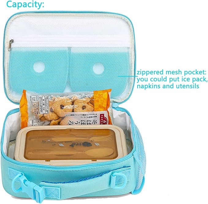 FlowFly Kids Lunch Bag, Durable Insulated School Lunch Box with Shoulder Strap and Bottle Holder, Water-resistant Thermal Small Lunch Cooler Tote for Teen Boys & Girls,Light Blue