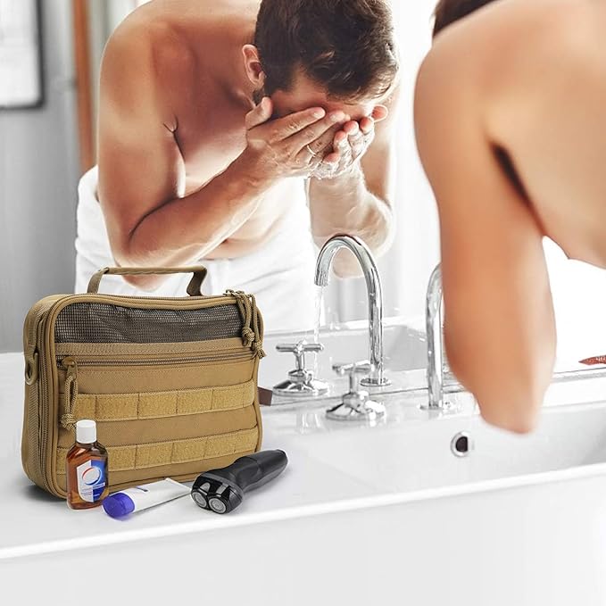 SMONT Toiletry Bag for Men Travel Toiletry Organizer Dopp Kit Travel Organizer Toiletries Travel Bag Shaving Hygiene Bag Bathroom Hanging Men's Toiletry Bag for Short Trips Brown