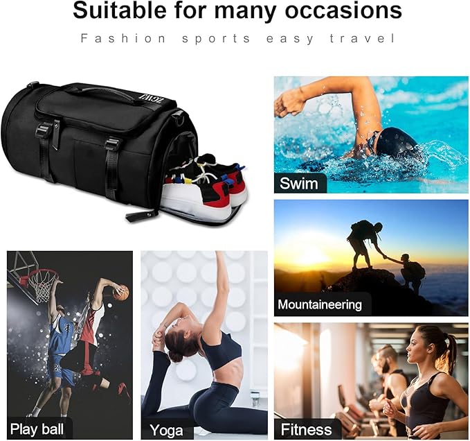 ZGWJ Sports Gym Bag with Wet Pocket & Shoes Compartment, Waterproof Shoulder Weekender Bag for Women and Men Swim Sports Travel Duffel Bag Lightweight and easy Carry on Black