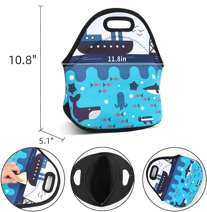 Violet Mist Cute Neoprene Lunch Bag, 11.42"L x 10.43"H x 5.51"W, Anmie Shark Cartoon Print, Lightweight, Eco-Friendly, Reusable, Thermal Insulated, Container for Outdoor Activities