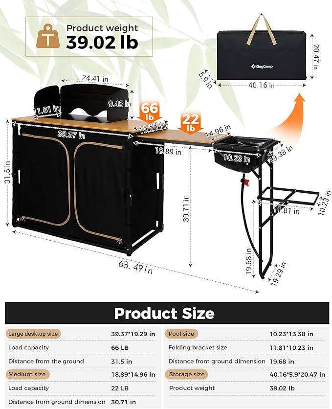 KingCamp Bamboo Camp Kitchen Station, Folding Overland Camping Kitchen Table Hooks Portable Outdoor Cooking with Adjustable Lantern Pole & Windshield Storage Organizer for Tailgating BBQ Picnic RV