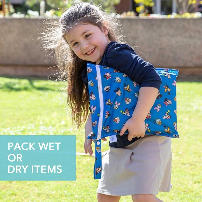 Bumkins Disney Waterproof Wet Bag for Baby, Travel, Swim Suit, Cloth Diapers, Pump Parts, Pool, Beach, Gym Clothes, Toiletry, Hook to Stroller, Daycare, Zipper Reusable Wetdry, Mickey and Friends Blue