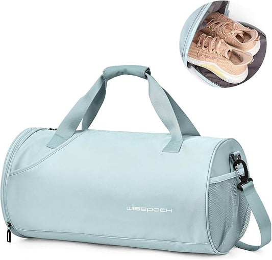Gym Bag for Women & Men with Wet & Shoe Compartment, Small Duffle Bag for Travel, Sport, Gym, Workout, Overnight, Weekender, Carry-on - Light Blue